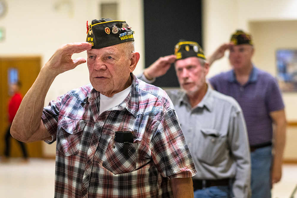 Three male veterans saluting in line